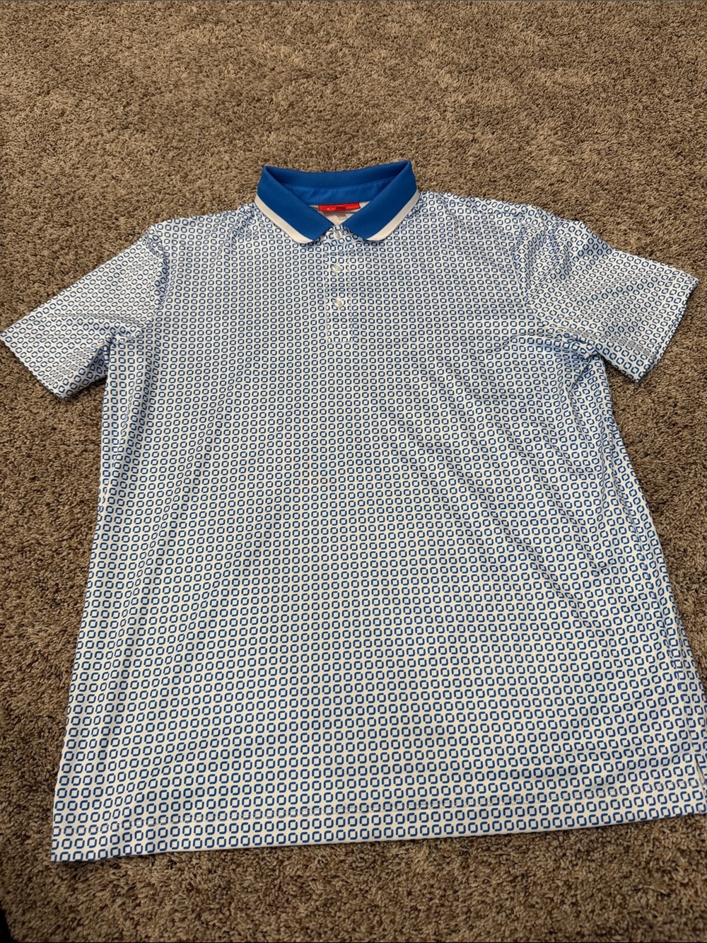 Men's Redvanly Blue Geo-Print Golf Polo with Contrasting Collar Size Large